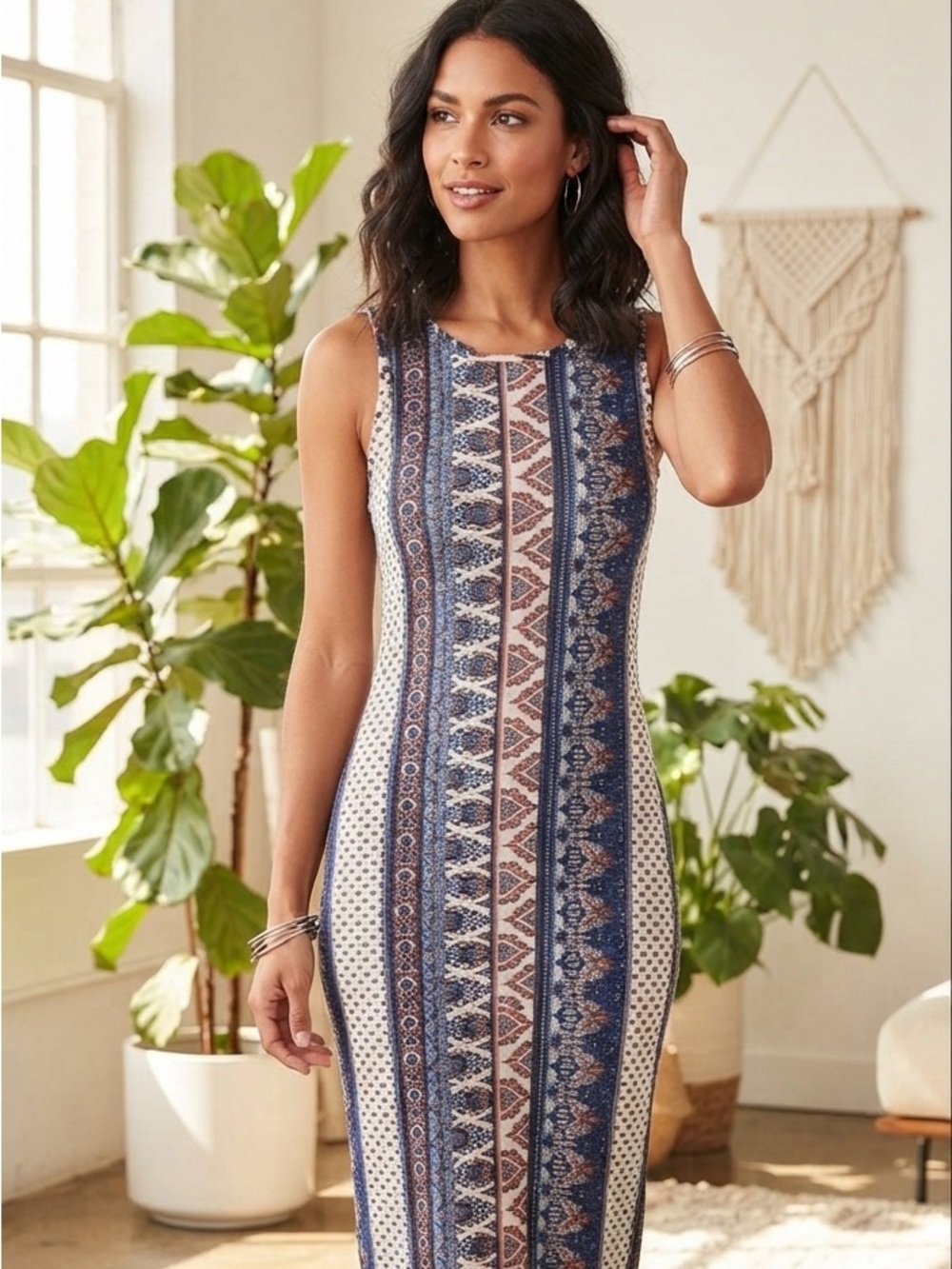 Discreet Boho Striped Multi Print Sleeveless Maxi Bodycon Dress Women’s Small